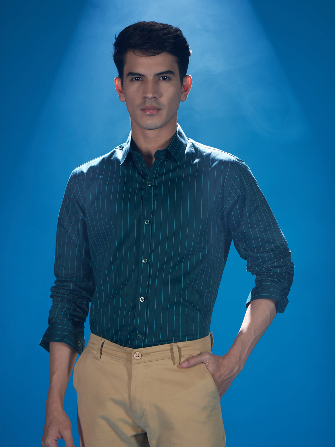 Stylish Green Cotton Stretch Stripe Shirt for Effortless Elegance