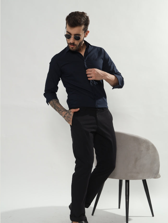 SATIN STRETCH SHIRT HOLAND - NAVY