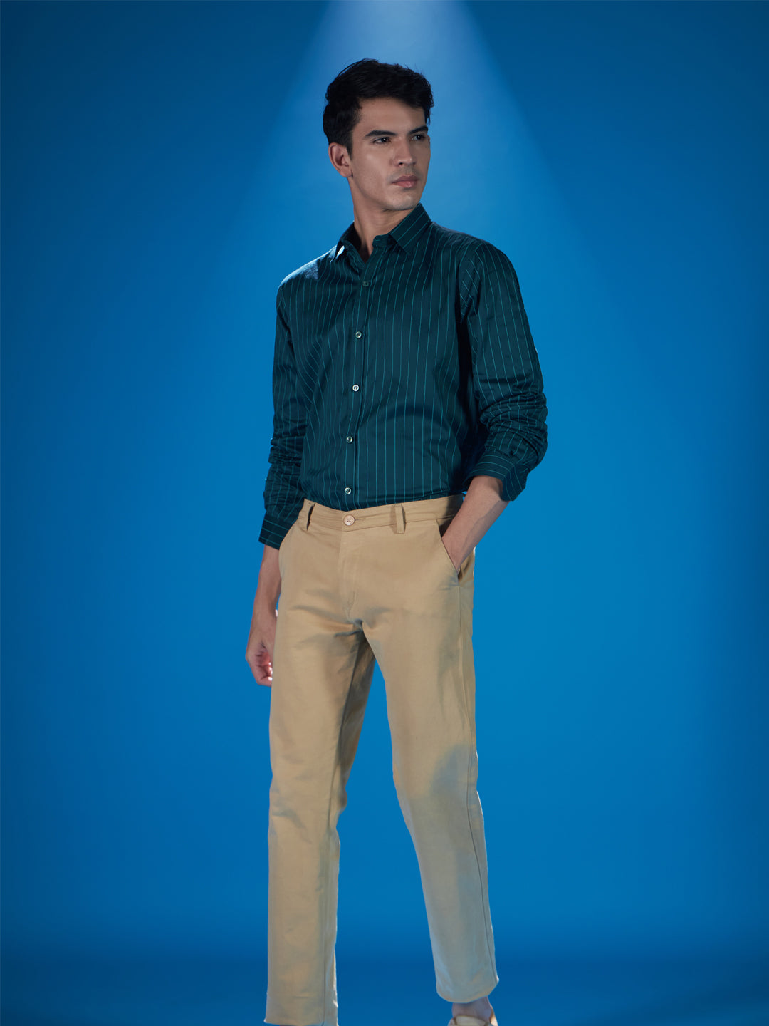 Stylish Green Cotton Stretch Stripe Shirt for Effortless Elegance