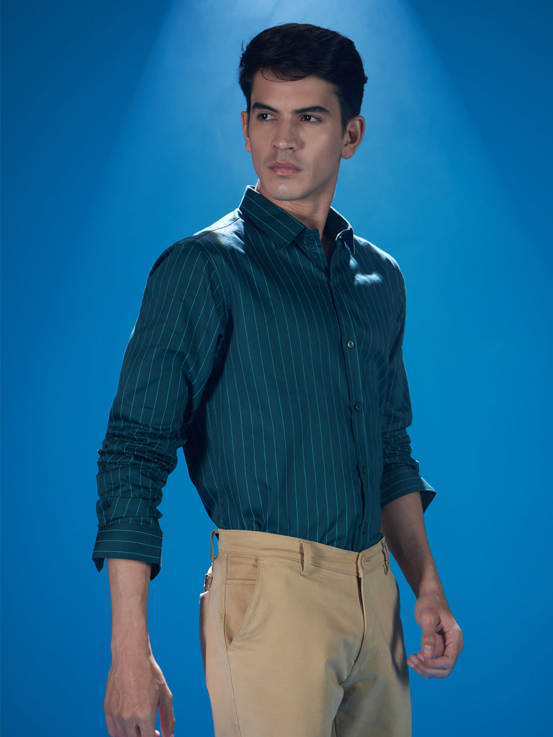 Stylish Green Cotton Stretch Stripe Shirt for Effortless Elegance